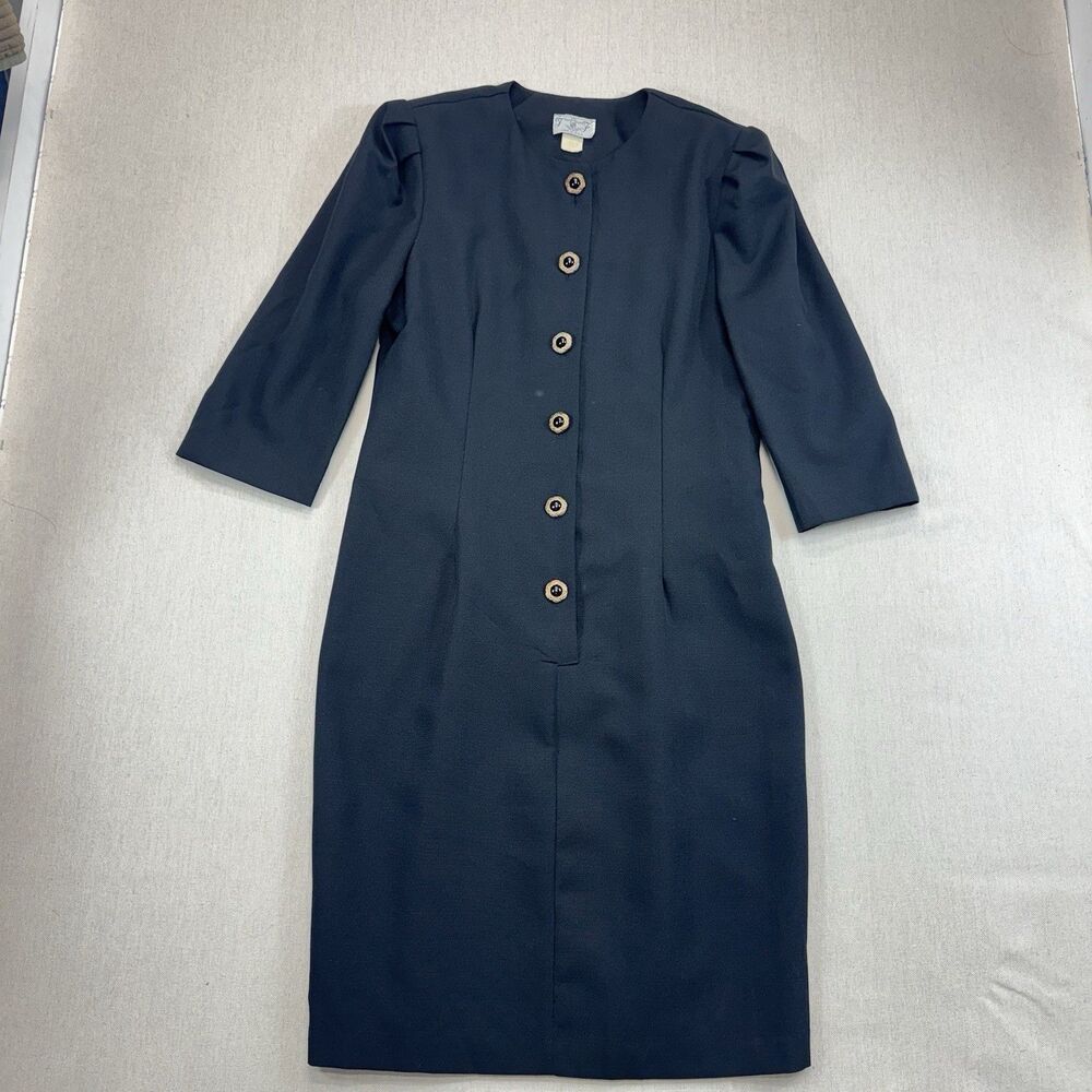 Vintage 80s 90s JF Black Midi Dress Gold Buttons Puff Sleeve Made USA Womens